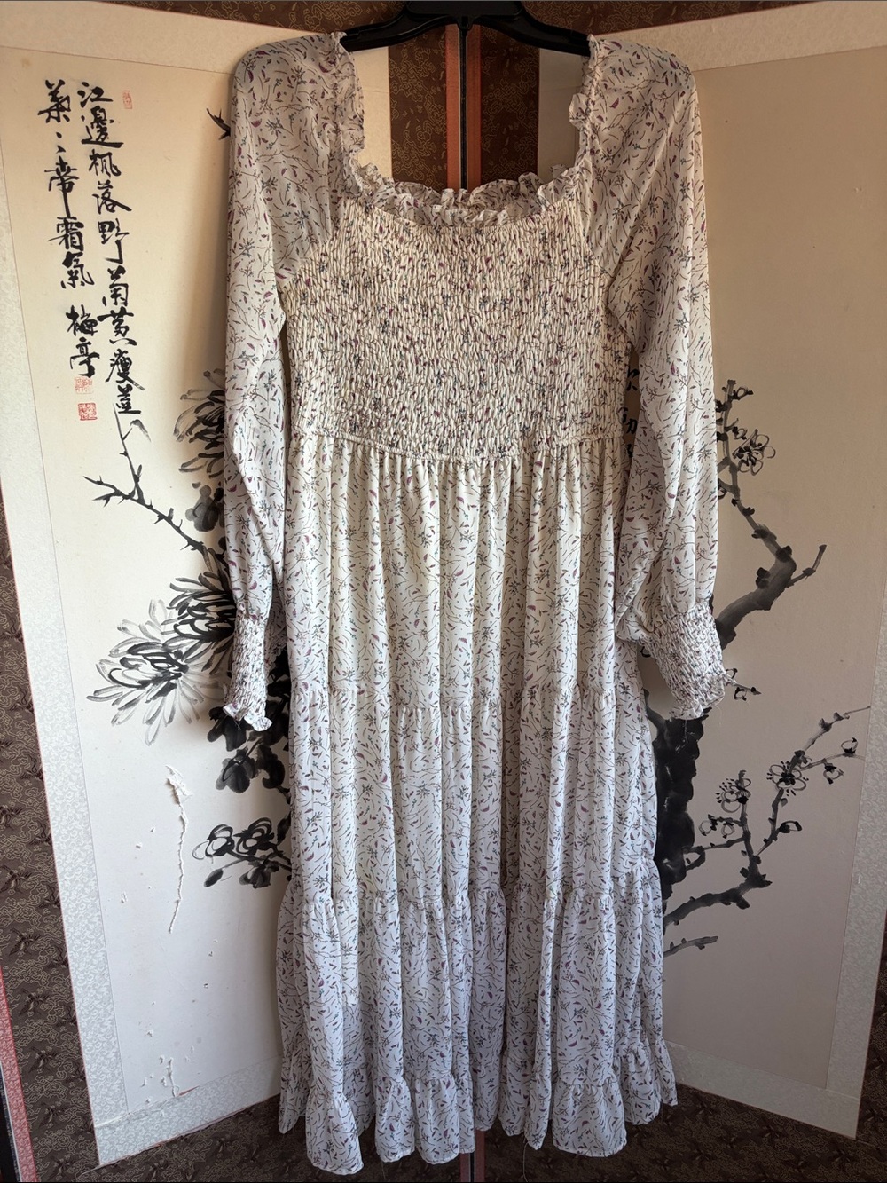 Smocked Square-Neck Maxi Dress in Cream Floral